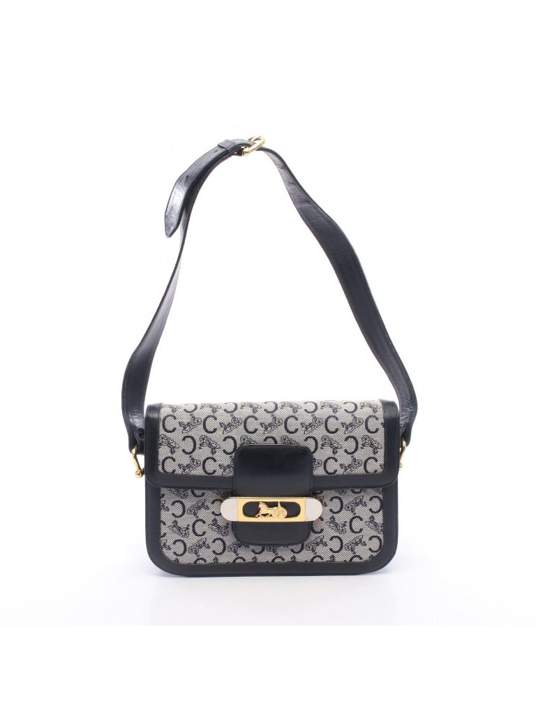 Celine Shoulder Bag C Macadam Carriage Gray Navy Canvas Leather